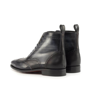Ambrogio Bespoke Custom Men's Shoes Black & Gray Patina Leather Military Brogue Boots (AMB2216)-AmbrogioShoes
