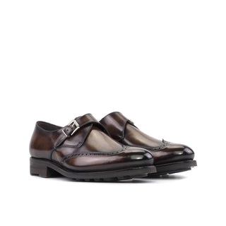 Ambrogio Bespoke Men's Shoes Brown Patina Leather Single Monk-Strap Loafers (AMB2527)-AmbrogioShoes
