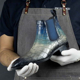 Ambrogio Bespoke Men's Shoes Three-Tone Crocodile Print / Pretoria Patina Leather Chelsea Boots (AMB2163)-AmbrogioShoes