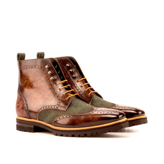 Ambrogio 3890 Men's Shoes Brown & Green Caiman Crocodile / Flannel Sartorial / Patina Leather Military Boots(AMB1202)-AmbrogioShoes