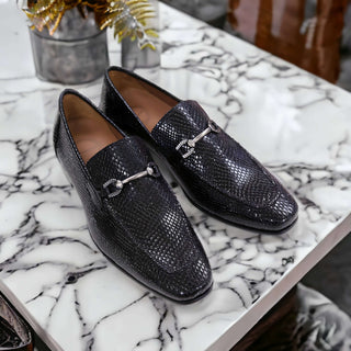 Ambrogio Men's Shoes Black Snake Print Leather Horsebit Loafers (AMZ1015)-AmbrogioShoes