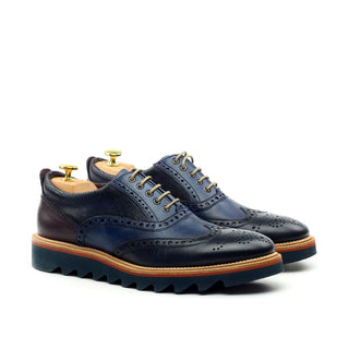 Ambrogio Men's Shoes Navy & Cherry Lizard Print / Calf-Skin Leather Wingtip Oxfords (AMB2039)-AmbrogioShoes
