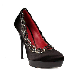 Cesare Paciotti Womens Shoes Black Satin High-Heel Pumps w/ Swarovski Elements (CPW710)-AmbrogioShoes