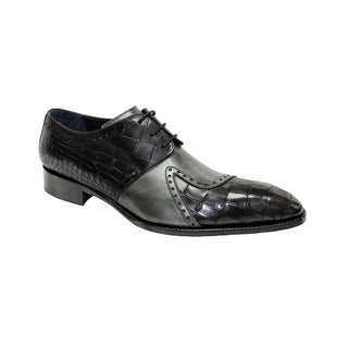 Duca Valentano Men's Shoes Black/Grey Calf-Skin Croco Print Leather/Calf Oxfords (D1086)-AmbrogioShoes