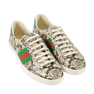 Gucci 386750 19Y30 9771 Men's Shoes Natural, Green & Red Python Print / Cafl-Skin Leather Casual Sneakers (GGM1724)-AmbrogioShoes