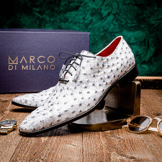 Marco Di Milano Criss Men's Shoes Newspaper White Exotic Ostrich Quill Dress Oxfords (MDM1077)-AmbrogioShoes