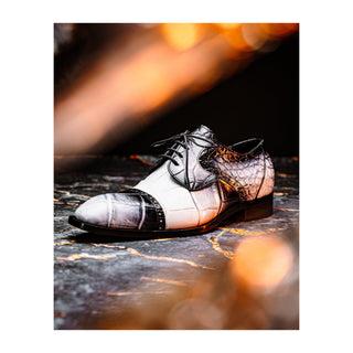 Mauri Flawless 1087/2 Men's Shoes White with Black Finish Exotic Alligator Cap-Toe Derby Oxfords (MA5598)-AmbrogioShoes