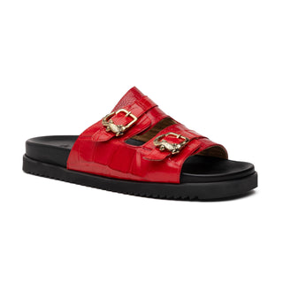 Mauri Reef 5199 Men's Shoes Red Exotic Alligator / Ostrich Leg Slip-on Sandals (MA5605)-AmbrogioShoes