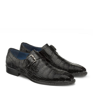 Mezlan 4737-F Magnus Men's Shoes Black Exotic Caiman Crocodile Monk-Strap Loafers (MZ3293)-AmbrogioShoes