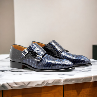 Mister Baga 40418 Men's Shoes Azure Blue Crocodile Print Leather Monk-Straps Loafers (MIS1123)-AmbrogioShoes
