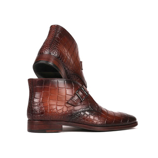 Paul Parkman 8638-BRW Men's Shoes Brown Crocodile Print / Calf-Skin Leather Monk-Strap Ankle Boots(PM6254)-AmbrogioShoes