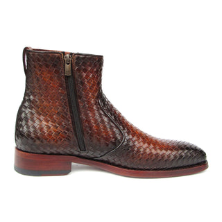 Paul Parkman BT269BRW Men's Shoes Brown Burnished Woven Leather Goodyear Welted Zipper Boots (PM6402)-AmbrogioShoes