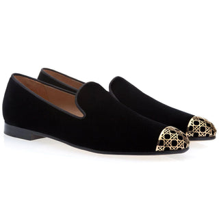 Super Glamourous Carraway Men's Shoes Black Velour Velvet Slipper Loafers (SPGM1038)-AmbrogioShoes