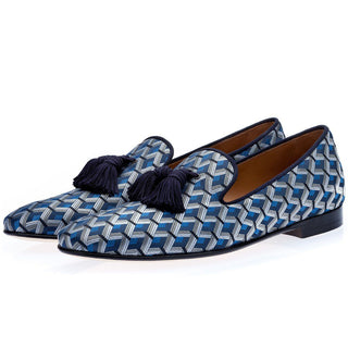 Super Glamourous Louis Labaria Men's Shoes Navy Jacquard Canvas Tassels Loafers (SPGM1006)-AmbrogioShoes