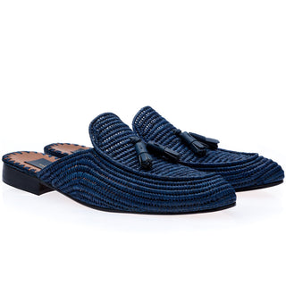 SUPERGLAMOUROUS Melilla Rafia Men's Shoes Navy Calf-Skin Leather Tassel Slipper Mules (SPGM1236)-AmbrogioShoes