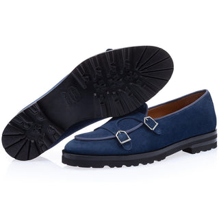 SUPERGLAMOUROUS TANGERINE 7.1 Men's Shoes Blue Blue Leather Double Monk Skate Sneakers (SPGM1297)-AmbrogioShoes