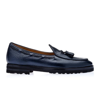 SUPERGLAMOUROUS TANGERINE 8 Men's Shoes Navy Deerskin Leather Belgian Loafers (SPGM1143)-AmbrogioShoes