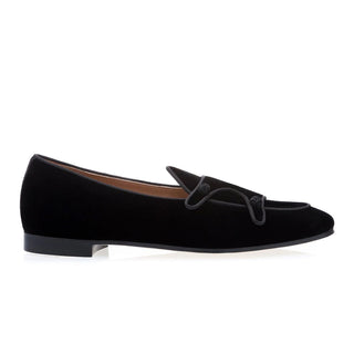 Super Glamourous Tangerine 7 Velour Men's Shoes Black Velvet Monk-Straps Belgian Loafers (SPGM1022)-AmbrogioShoes