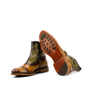 Ambrogio 3887 Men's Shoes Green & Cognac Patina Leather Octavian Buckle Boots (AMB1181)-AmbrogioShoes