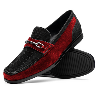 Marco Di Milano Hugo Men's Shoes Black & Red Suede / Ostrich Leg Horsebit Loafers (MDM1065)-AmbrogioShoes