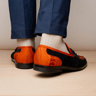 Marco Di Milano Hugo Men's Shoes Orange & Navy Suede / Ostrich Leg Horsebit Loafers (MDM1058)-AmbrogioShoes