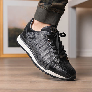 Marco Di Milano Portici Men's Shoes Gray & Black Exotic Lizard / Crocodile Casual Sneakers (MDM1013)-AmbrogioShoes