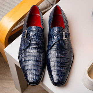Marco Di Milano Rovigo Men's Shoes Navy Exotic Crocodile Skin Single Monk-Strap Loafers (MDM1001)-AmbrogioShoes