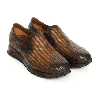 Paul Parkman LW204BRW Men's Shoes Brown Woven Leather Slip-On Sneakers (PM6420)-AmbrogioShoes