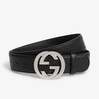 Gucci Men's Belt Signature Logo Embossed Black Leather Silver Buckle 411924-AmbrogioShoes