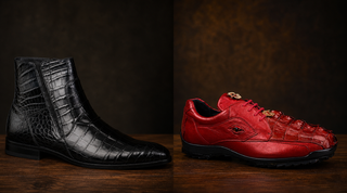 Side-by-side comparison of a black alligator leather zipper boot and a red hornback crocodile leather sneaker, showing the difference between smooth alligator scales and ridged crocodile scales