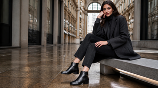 Woman seated in a modern rain-washed Italian arcade wearing black Aquatalia Ulyssa nappa-leather zip-up boots