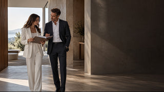 Real estate professionals reviewing a property in a modern interior, composed on the left