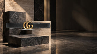Gucci slim black leather belt with gold Double G buckle in a modern stone editorial setting