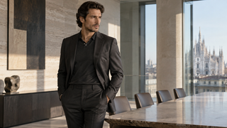 Executive in dark tailoring in a contemporary Milan boardroom.