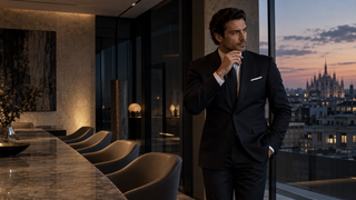 Executive in a tailored dark suit inside a contemporary Milan boardroom at twilight.