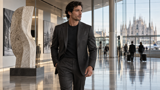 Traveler in tailored charcoal clothing in a contemporary Milan airport gallery.