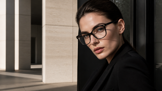 Model wearing Gucci GG0026O black eyeglasses in a modern Milan architectural setting