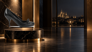 Prada black leather pump displayed in a contemporary Milan evening gallery.