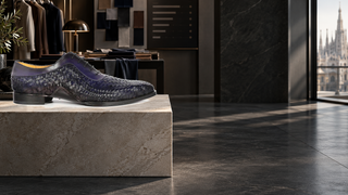Mezlan S20702 woven leather Oxford displayed in a contemporary Milan menswear atelier.