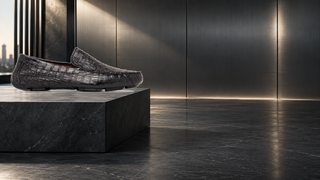 Marco Di Milano Remo black crocodile driving loafer displayed in a contemporary Milan automotive gallery.
