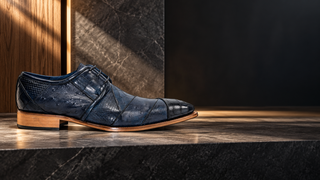 Duca Imperio ocean-blue embossed leather derby in a modern Italian design studio