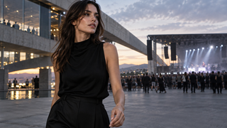 Festival-goer in a minimalist black outfit outside a contemporary outdoor music venue.