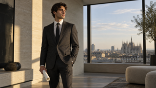 Young graduate in a charcoal suit holding a diploma in a contemporary Milan studio.