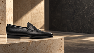 Magnanni 23802 black leather penny loafer in a modern Milan interior