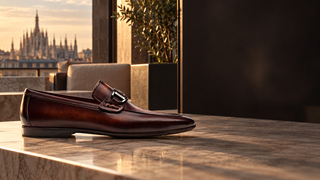 Magnanni Raso brown leather buckle loafer in a modern Milan weekend setting