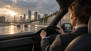 Driver in a charcoal jacket on a rain-washed Milan road at sunset, seen from inside a contemporary car.
