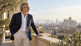 Mature man in a navy linen jacket on a contemporary Milan terrace overlooking the city.
