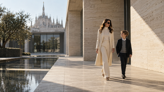 Mother and child walking through a contemporary Milan courtyard in refined neutral clothing.