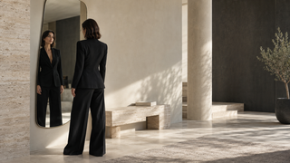 Woman in a black tailored suit assessing proportions in a contemporary Milan fitting studio mirror.