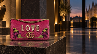 Gucci raspberry velvet mini clutch in a modern Milan evening interior